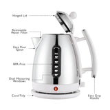 Dualit Lite Kettle White 1.5L with polished stainless steel body, ergonomic handle, and water level indicator
