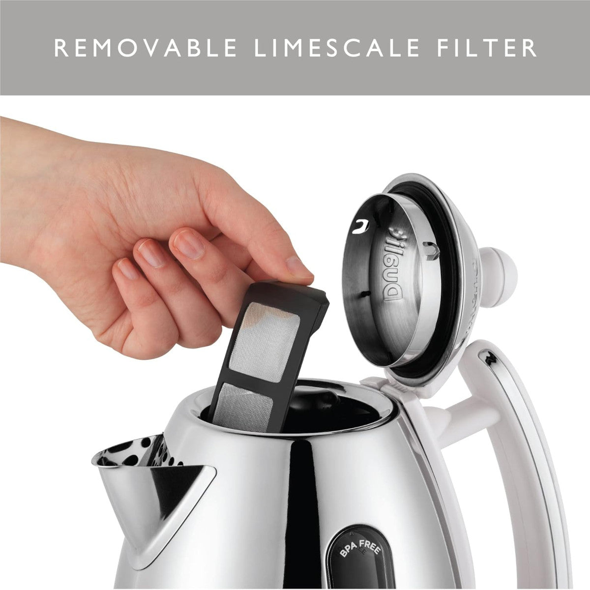 Dualit Lite Kettle White 1.5L with polished stainless steel body, ergonomic handle, and water level indicator