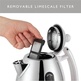Dualit Lite Kettle White 1.5L with polished stainless steel body, ergonomic handle, and water level indicator