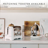 Dualit Lite Kettle White 1.5L with polished stainless steel body, ergonomic handle, and water level indicator