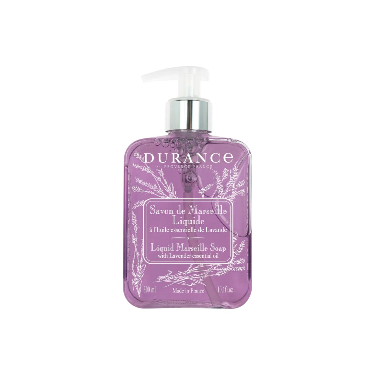Durance Lavender Liquid Soap 300ml, clear bottle of liquid hand soap with pump dispenser and lavender label 
