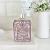 Durance Lavender Liquid Soap 300ml, clear bottle of liquid hand soap with pump dispenser and lavender label 