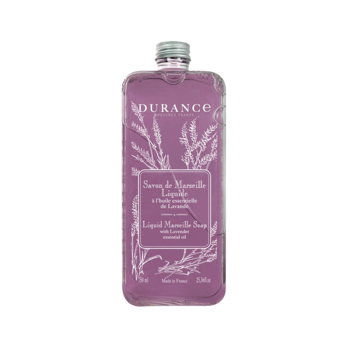 Durance Lavender Liquid Soap 750ml, clear bottle of liquid hand soap with pump dispenser and lavender label