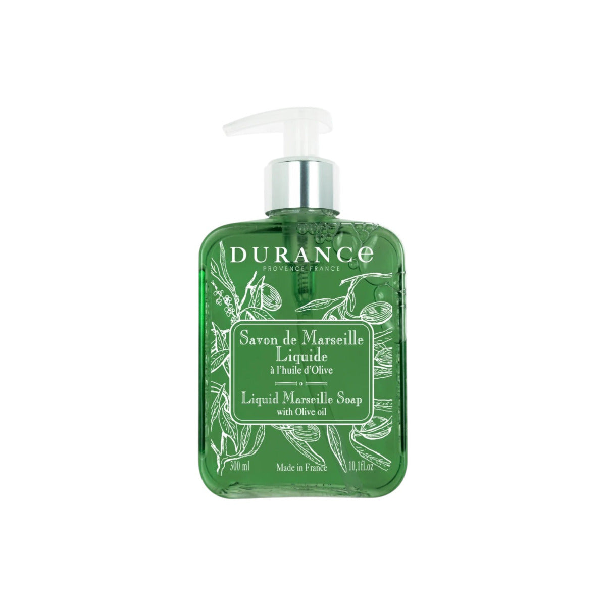 Durance Olive Liquid Soap 300ml, clear bottle of liquid hand soap with pump dispenser and olive branch label