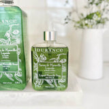 Durance Olive Liquid Soap 300ml, clear bottle of liquid hand soap with pump dispenser and olive branch label