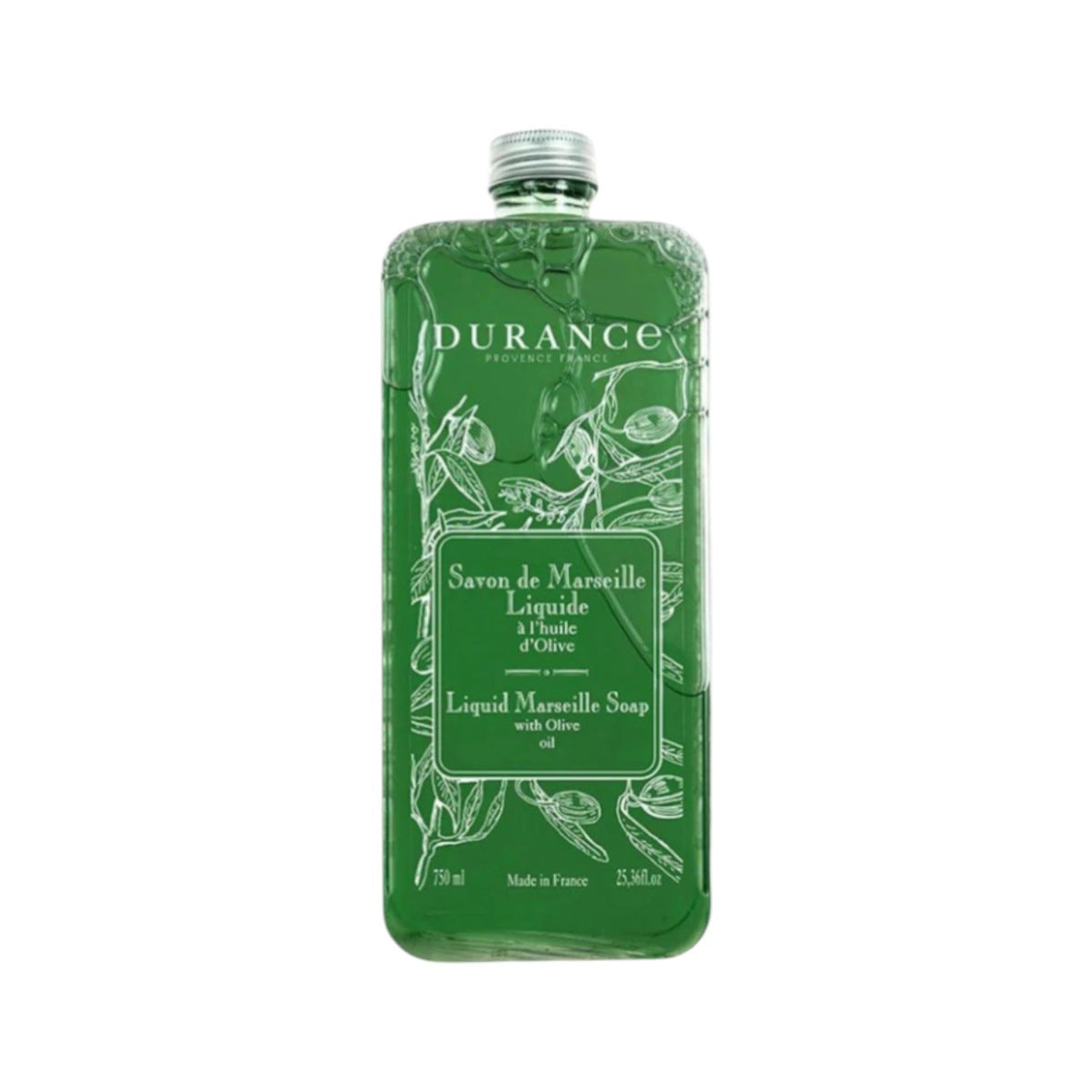 Durance Verbena Liquid Soap 750ml, clear bottle of liquid hand soap with pump dispenser and botanical label