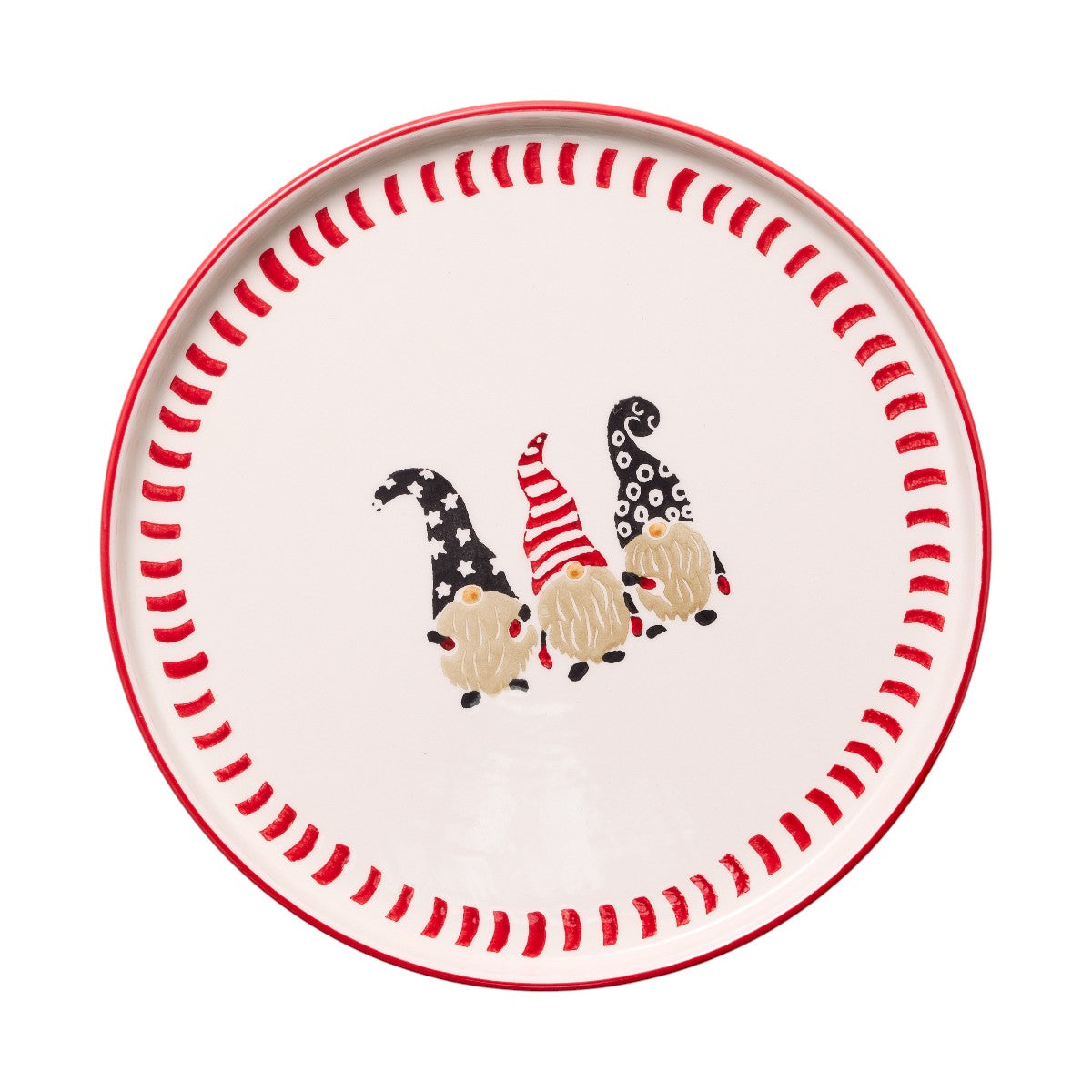 Papart Ceramics Noel Gnome Tokyo Plate 26cm - Decorative plate with playful Noel Gnome design and red striped border