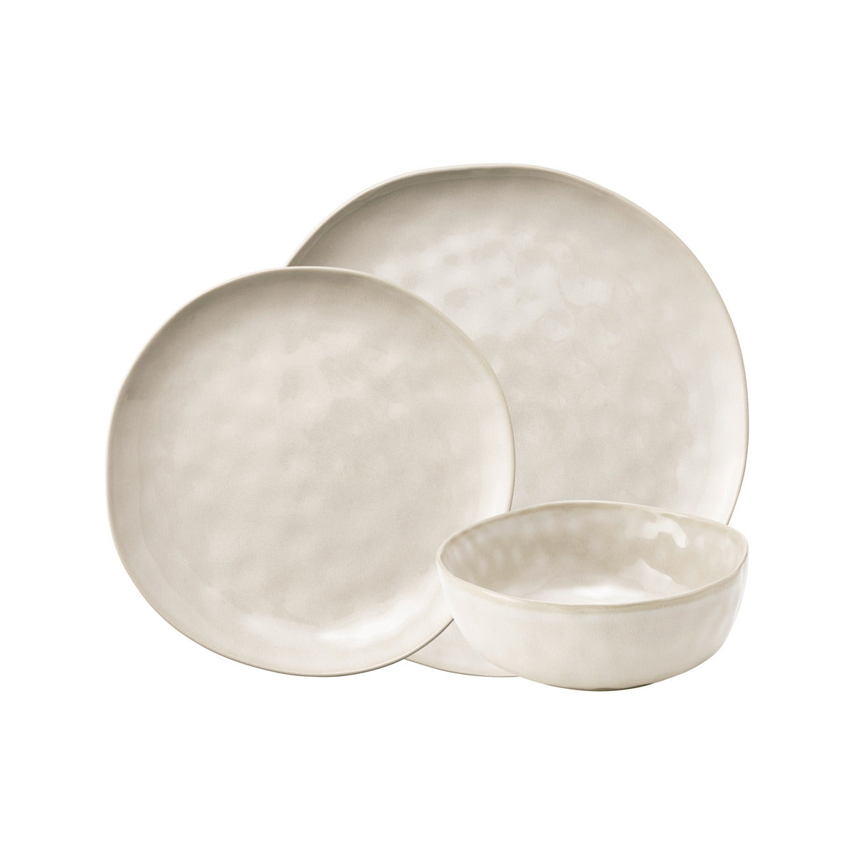 Angled view of Ecology Marie Dinner Set Wheat 12 Piece including plates and bowls on white background