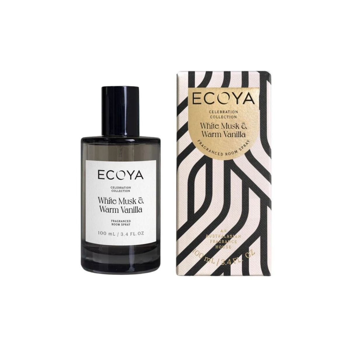 Ecoya White Musk & Warm Vanilla Room Spray 100mL alongside its signature black-and-gold patterned packaging on a clean white background.