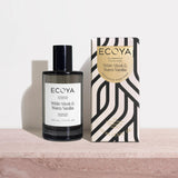 Ecoya Celebration Collection White Musk & Warm Vanilla Room Spray 100mL displayed with its premium gift box on a stone surface.