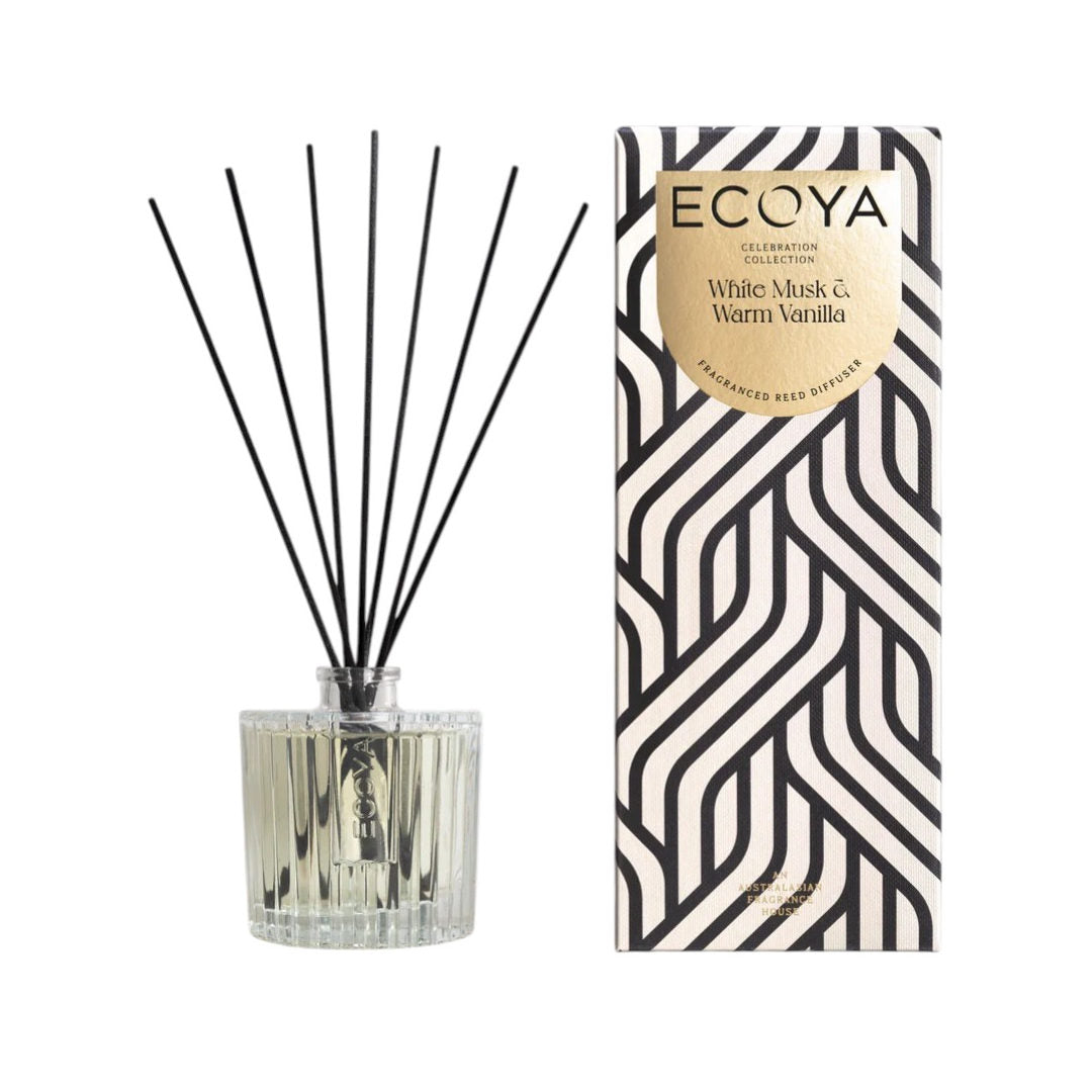 Ecoya Celebration White Musk & Warm Vanilla Diffuser 200ml, reed diffuser in glass bottle with fragrance sticks and decorative label