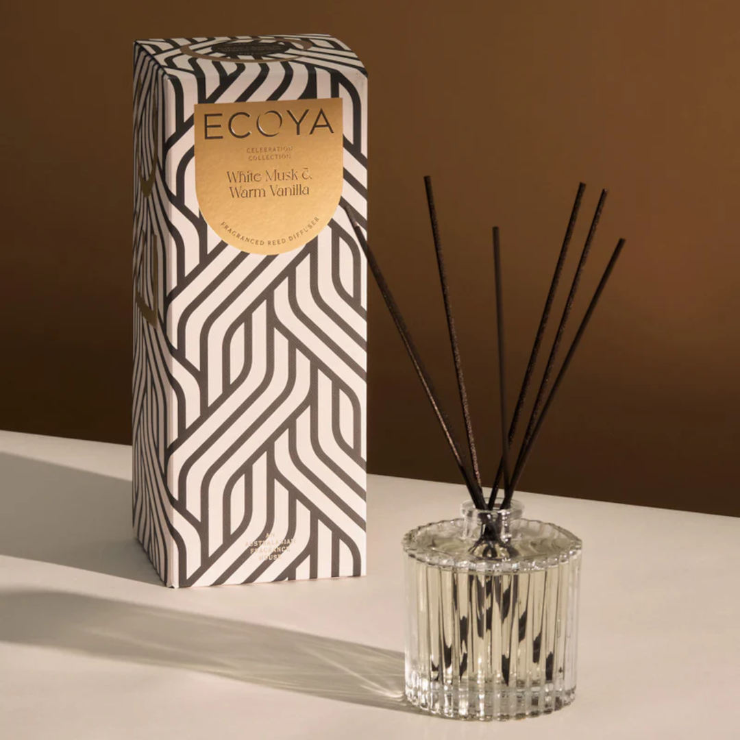Ecoya Celebration White Musk & Warm Vanilla Diffuser 200ml, reed diffuser in glass bottle with fragrance sticks and decorative label