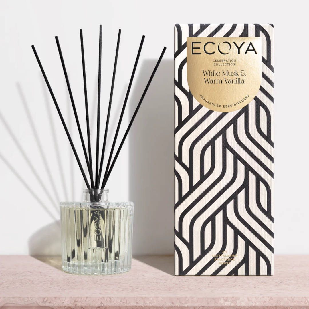 Ecoya Celebration White Musk & Warm Vanilla Diffuser 200ml, reed diffuser in glass bottle with fragrance sticks and decorative label