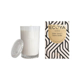 Ecoya White Musk & Warm Vanilla Celebration Candle 345g, large scented candle in glass jar with decorative label on white background