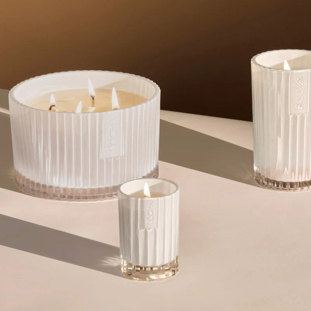 Ecoya White Musk & Warm Vanilla Celebration Candle 345g, large scented candle in glass jar with decorative label on white background