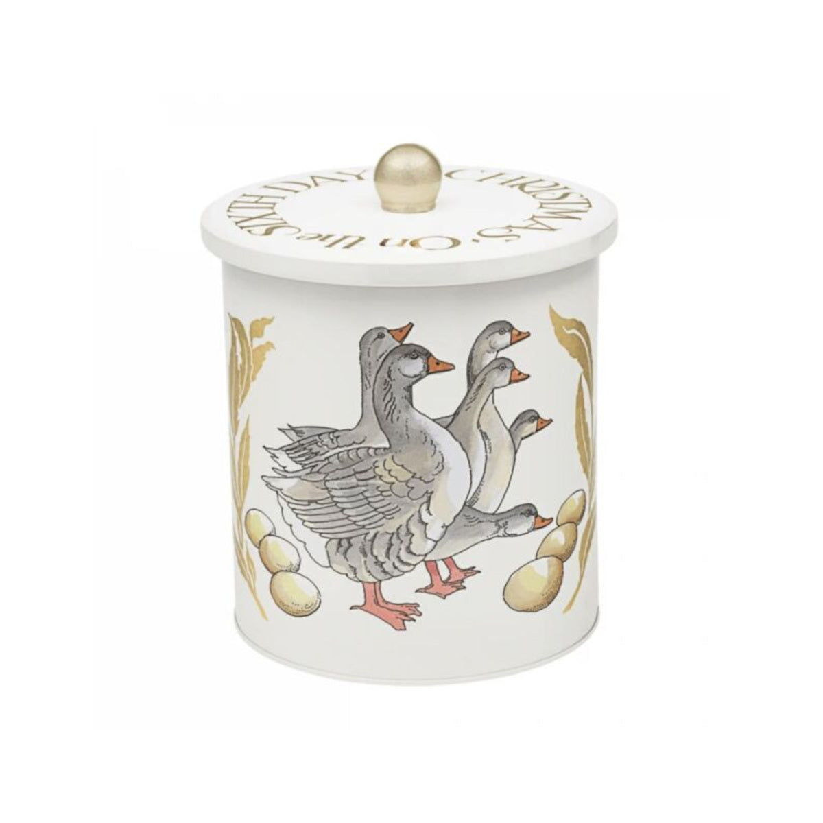 Angled view of Emma Bridgewater 6 Geese A Laying Biscuit Barrel with gold lid and festive design