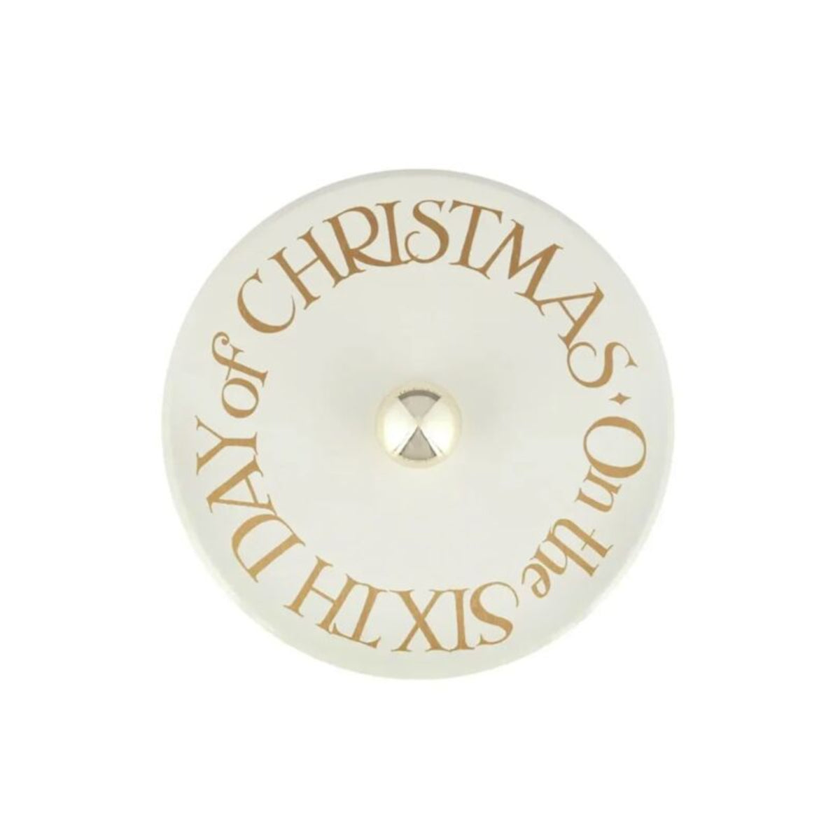 Angled view of Emma Bridgewater 6 Geese A Laying Biscuit Barrel with gold lid and festive design