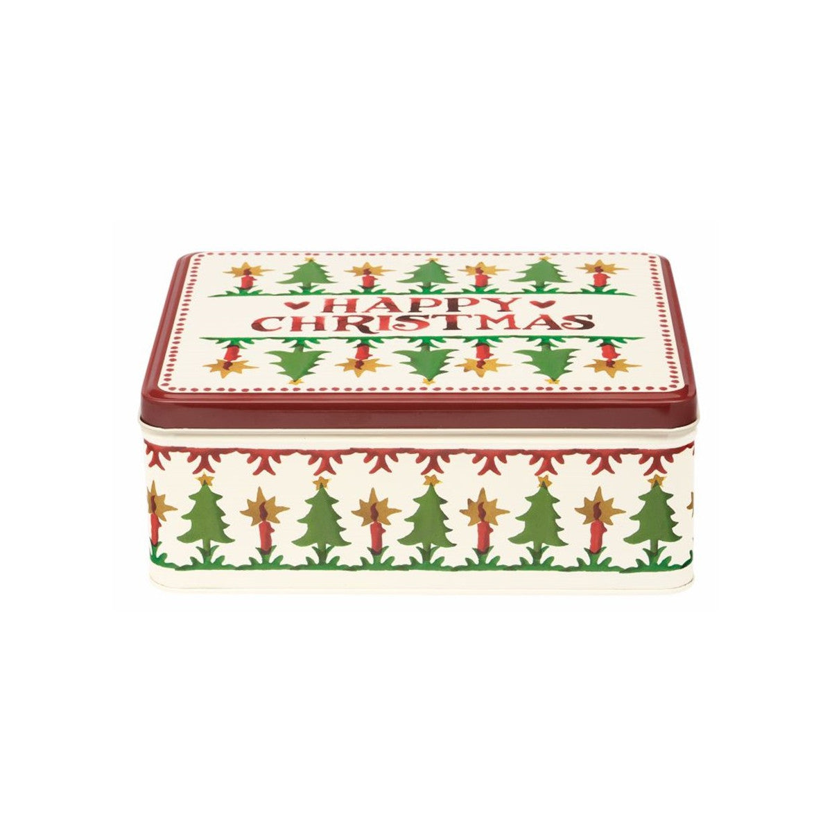 Emma Bridgewater Christmas Joy rectangular biscuit tin with festive tree design