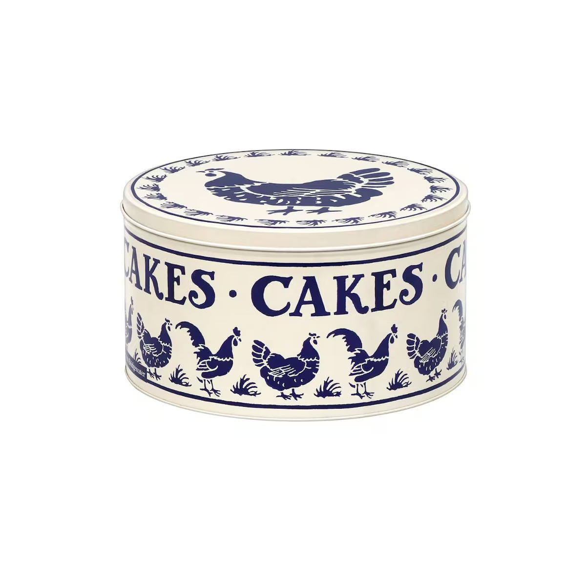 Emma Bridgewater Hen Round Tin Blue Medium with illustrated chicken design on blue lid.