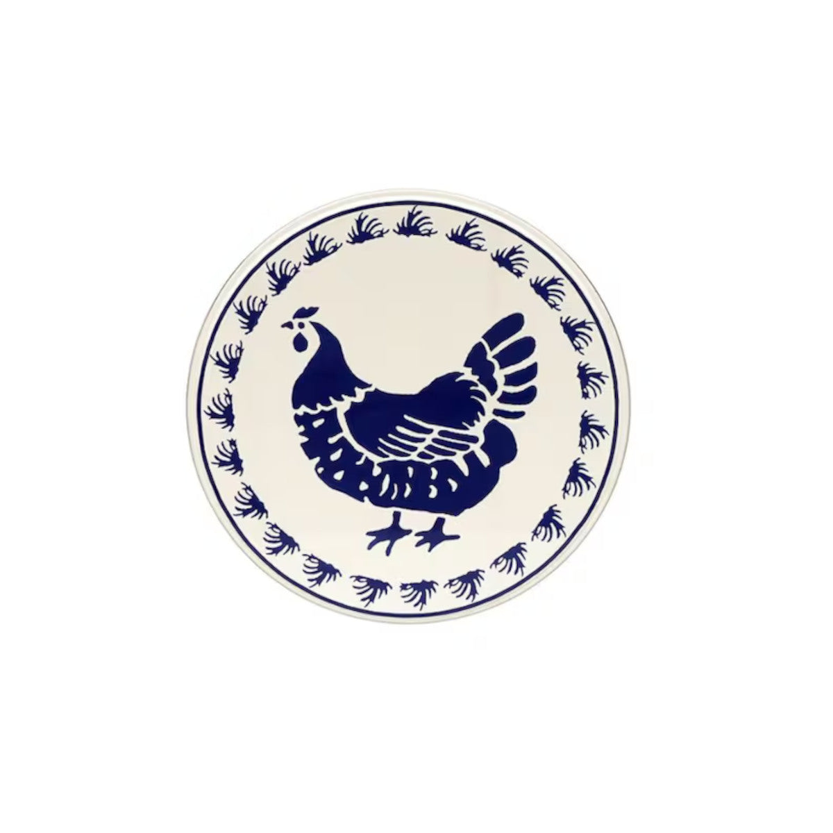 Emma Bridgewater Hen Round Tin Blue Medium with illustrated chicken design on blue lid.