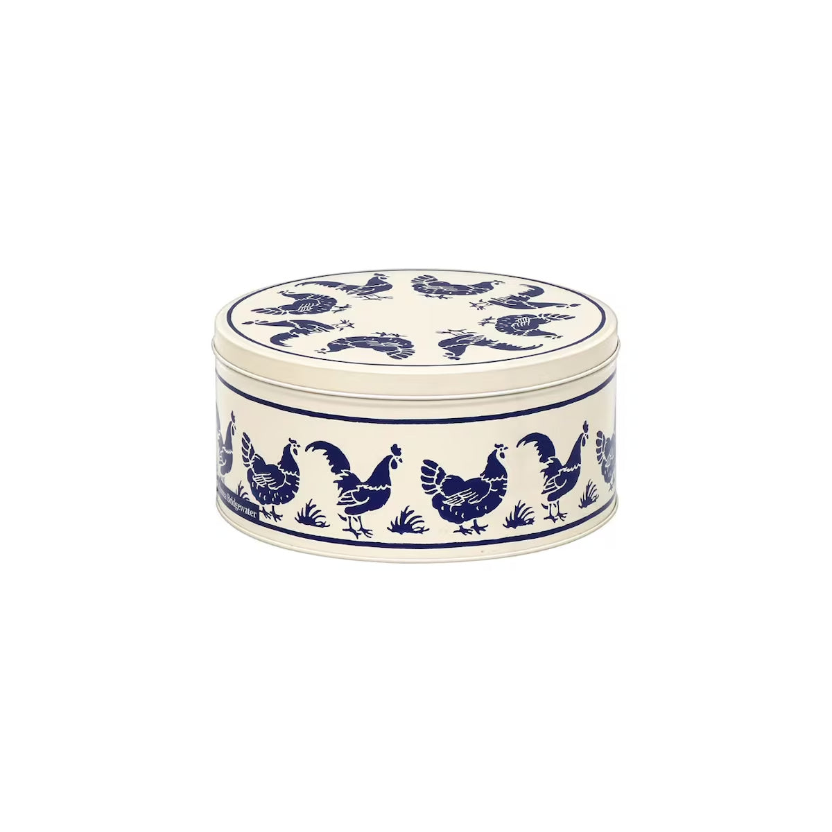 Emma Bridgewater Hen Round Tin Blue Small with illustrated chicken design on blue lid