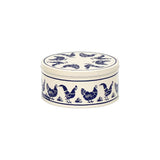 Emma Bridgewater Hen Round Tin Blue Small with illustrated chicken design on blue lid