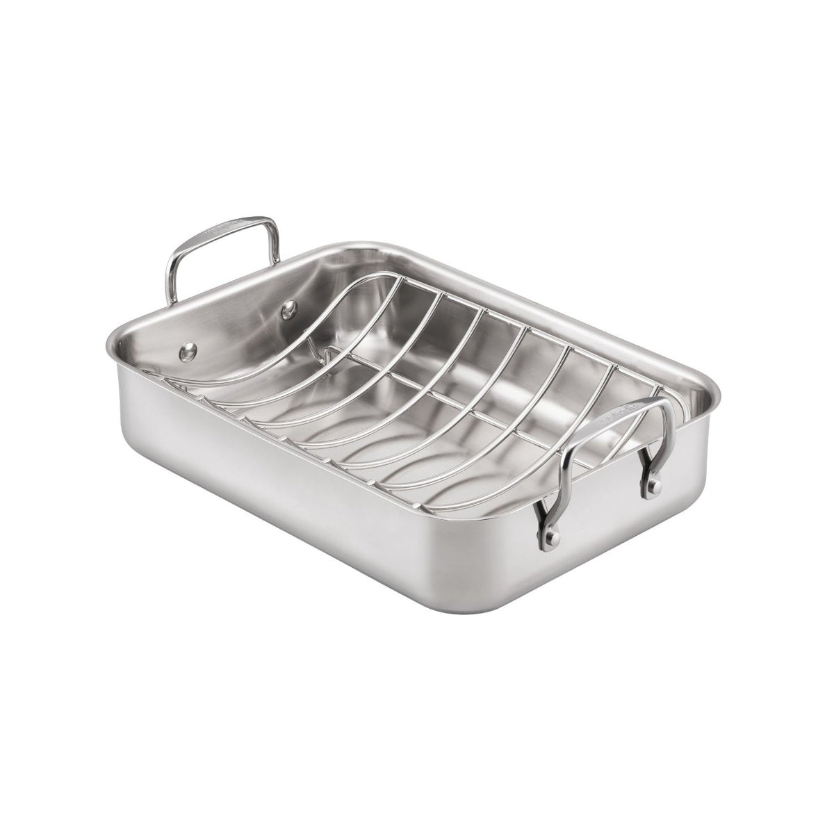 Angled view of Essteele Stainless Steel Roaster with Rack on white background