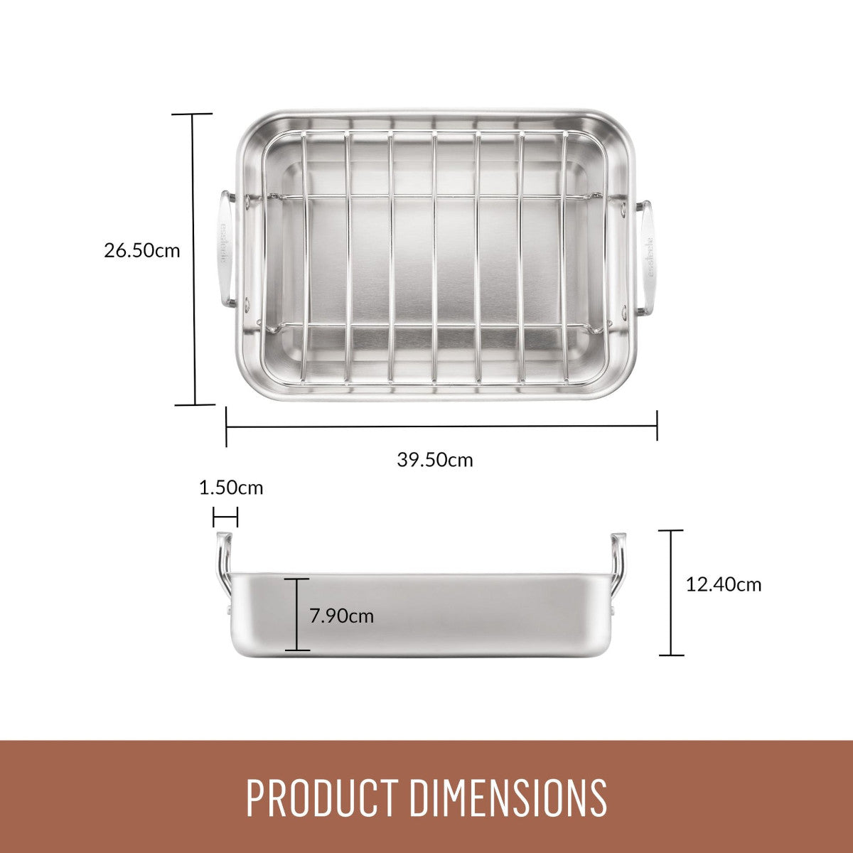 Top and side view of Essteele Stainless Steel Roaster with Rack showing product dimensions in cm
