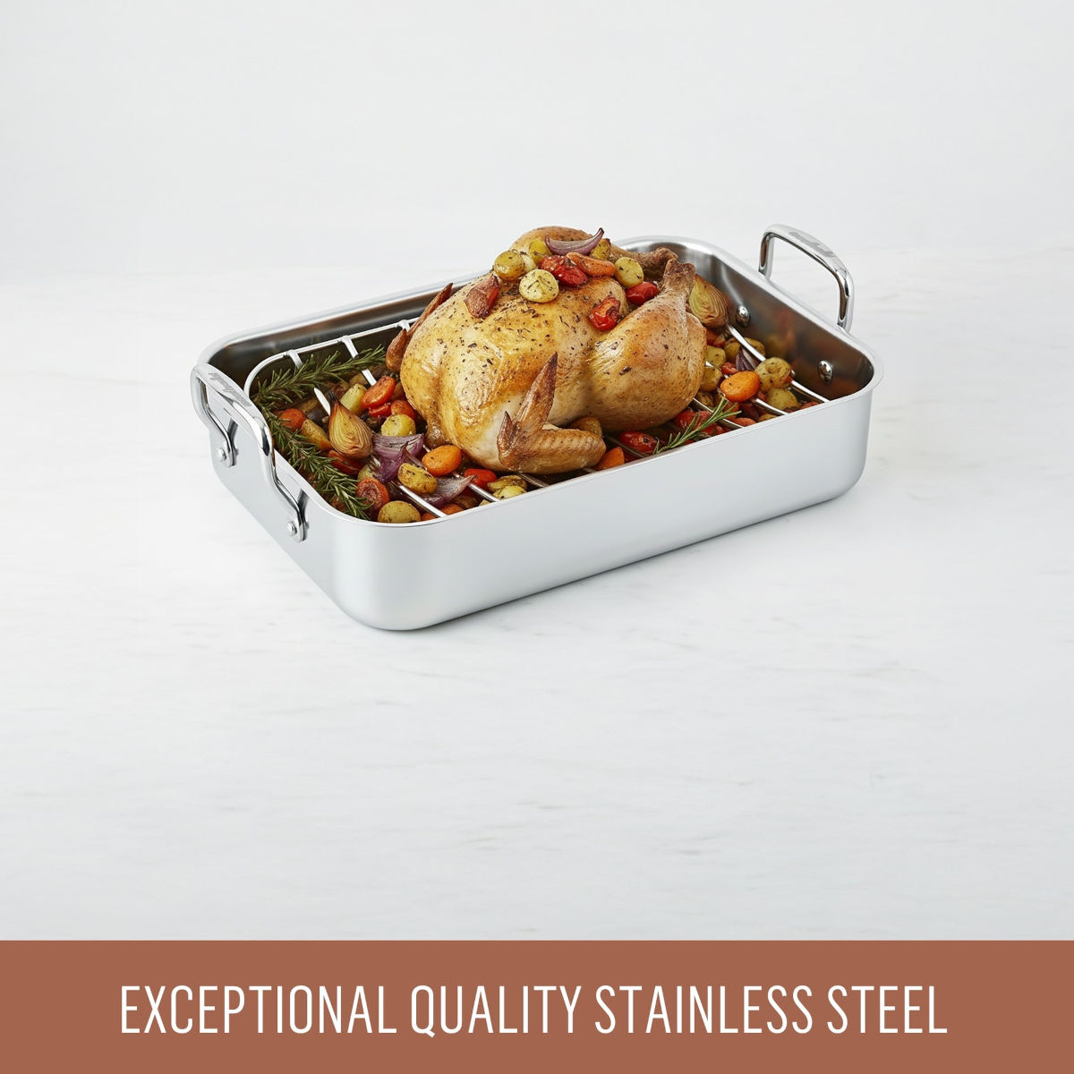 Essteele Stainless Steel Roaster with Rack holding roast chicken and vegetables, angled view