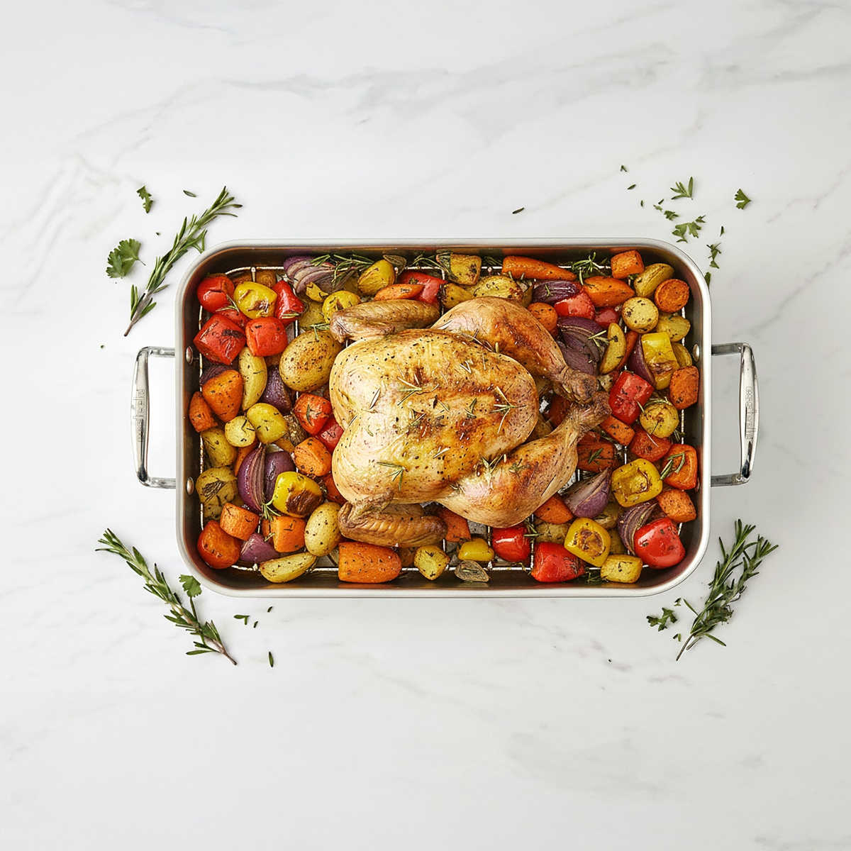 Top view of Essteele Stainless Steel Roaster with roast chicken and vegetables on marble counter