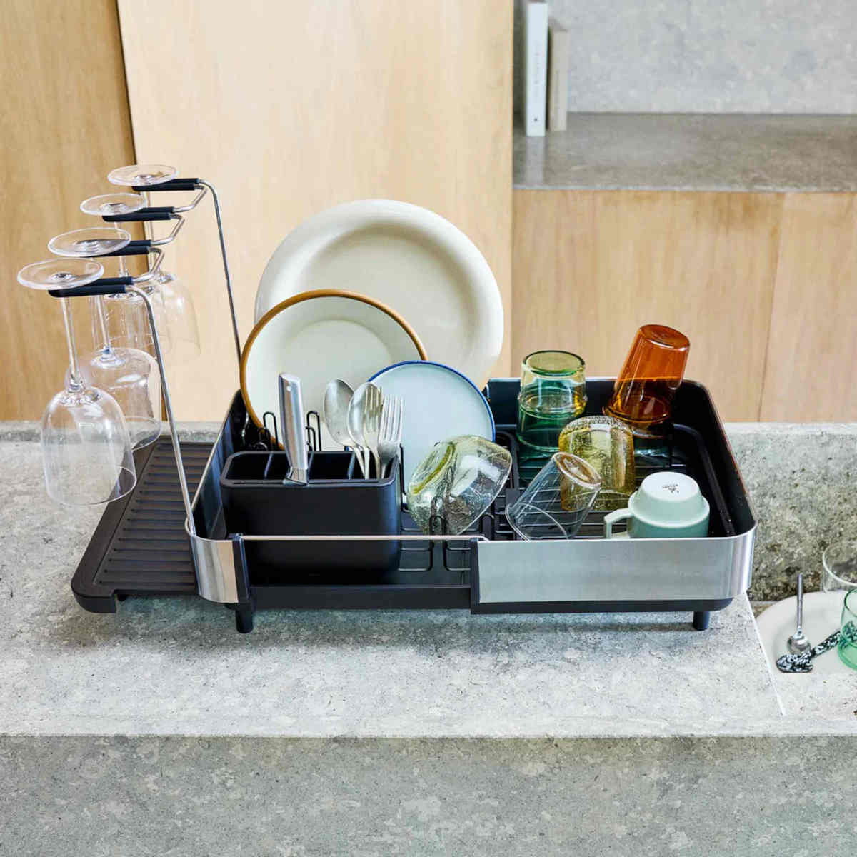 Joseph Joseph Extend™ Steel Plus Expandable Black Dish Drainer with Wine Glass Rack | Minimax
