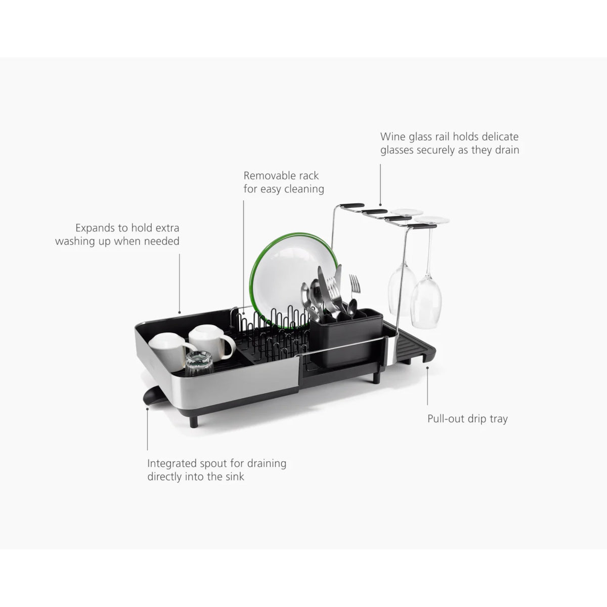 Joseph Joseph Extend™ Steel Plus Expandable Black Dish Drainer with Wine Glass Rack | Minimax
