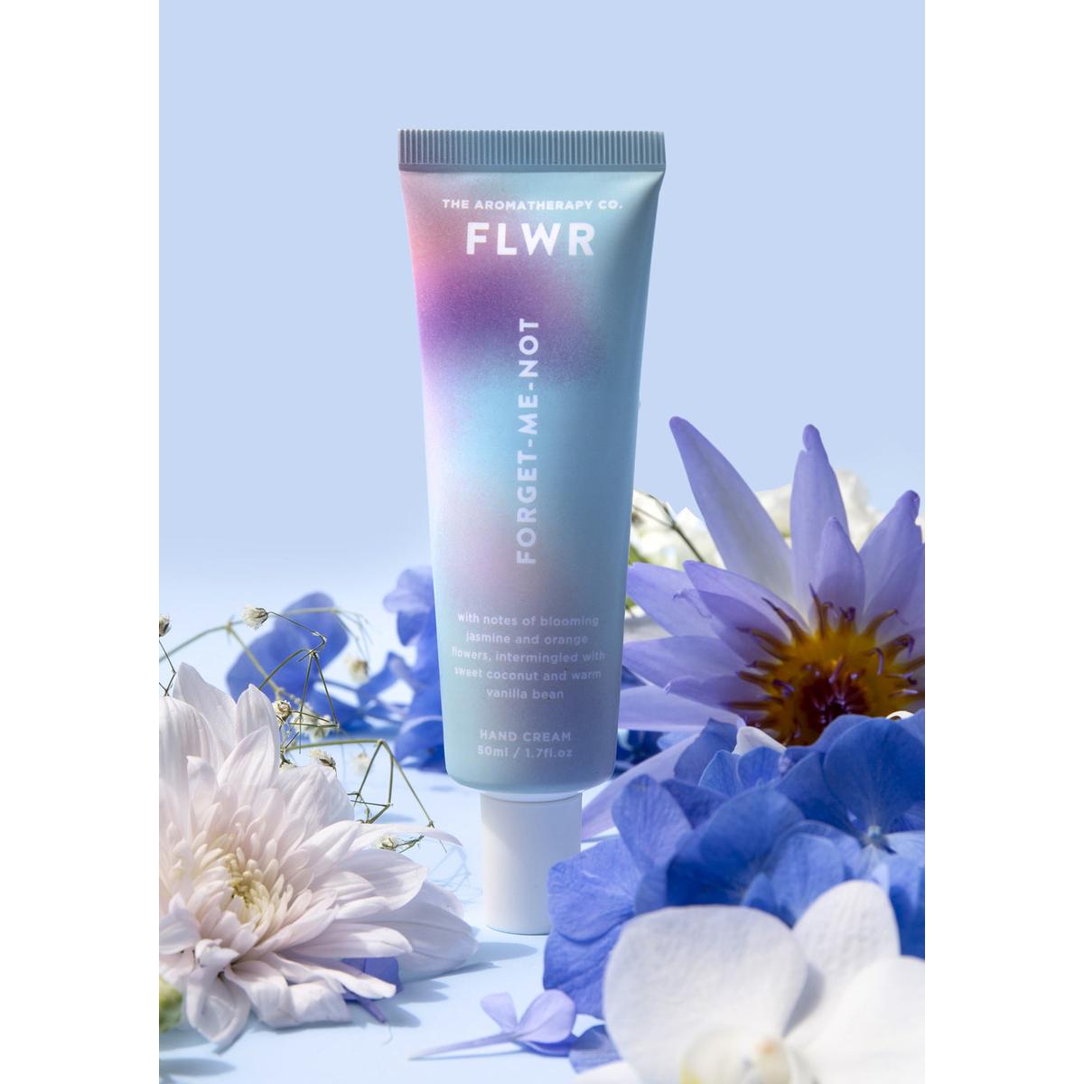 The Aromatherapy Co. FLWR Forget Me Not Hand Cream 50ml | Minimax - blue background and flowers