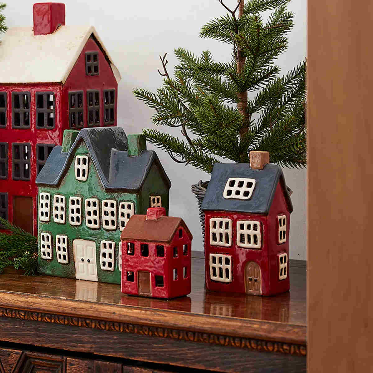French Country Alsace Tealight House Red with Navy Roof 9x7x17H | Minimax