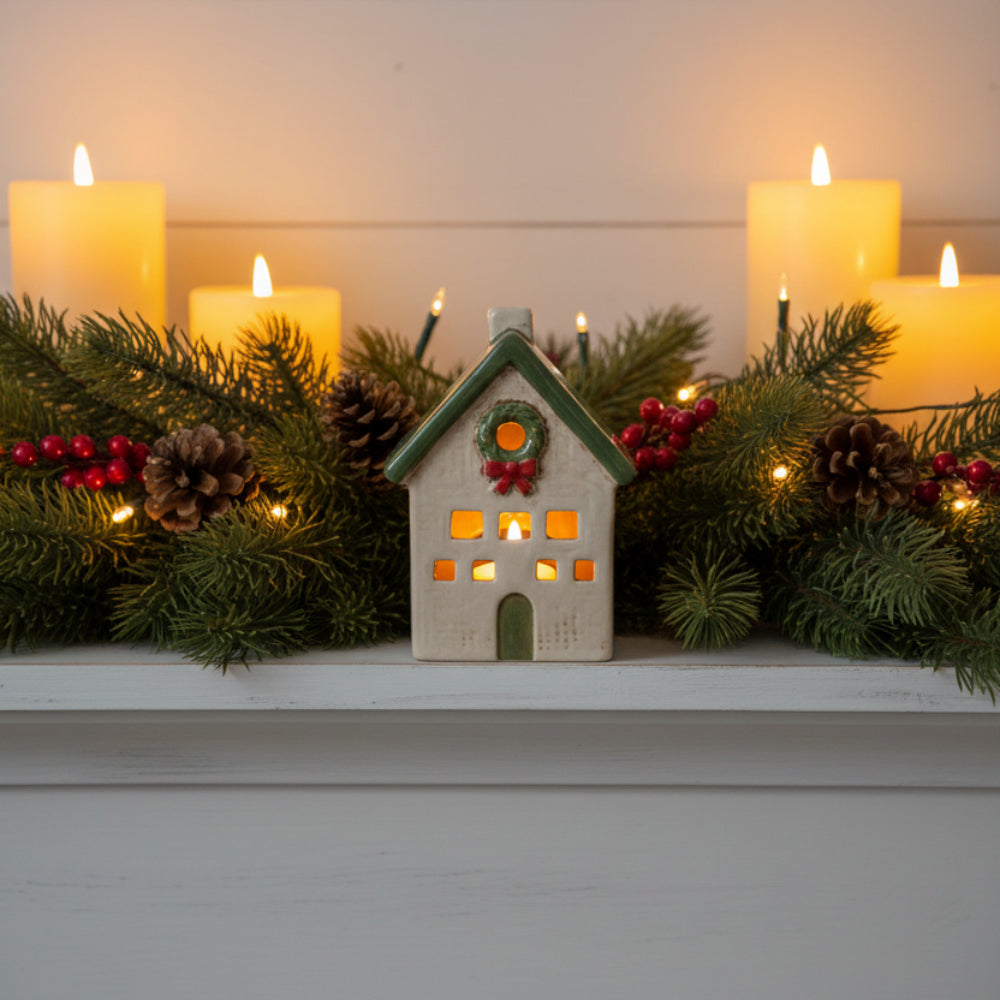 French Country Wreath Tea Light Cottage Cream/Green 9.5x7.5x12.5cm | Minimax
