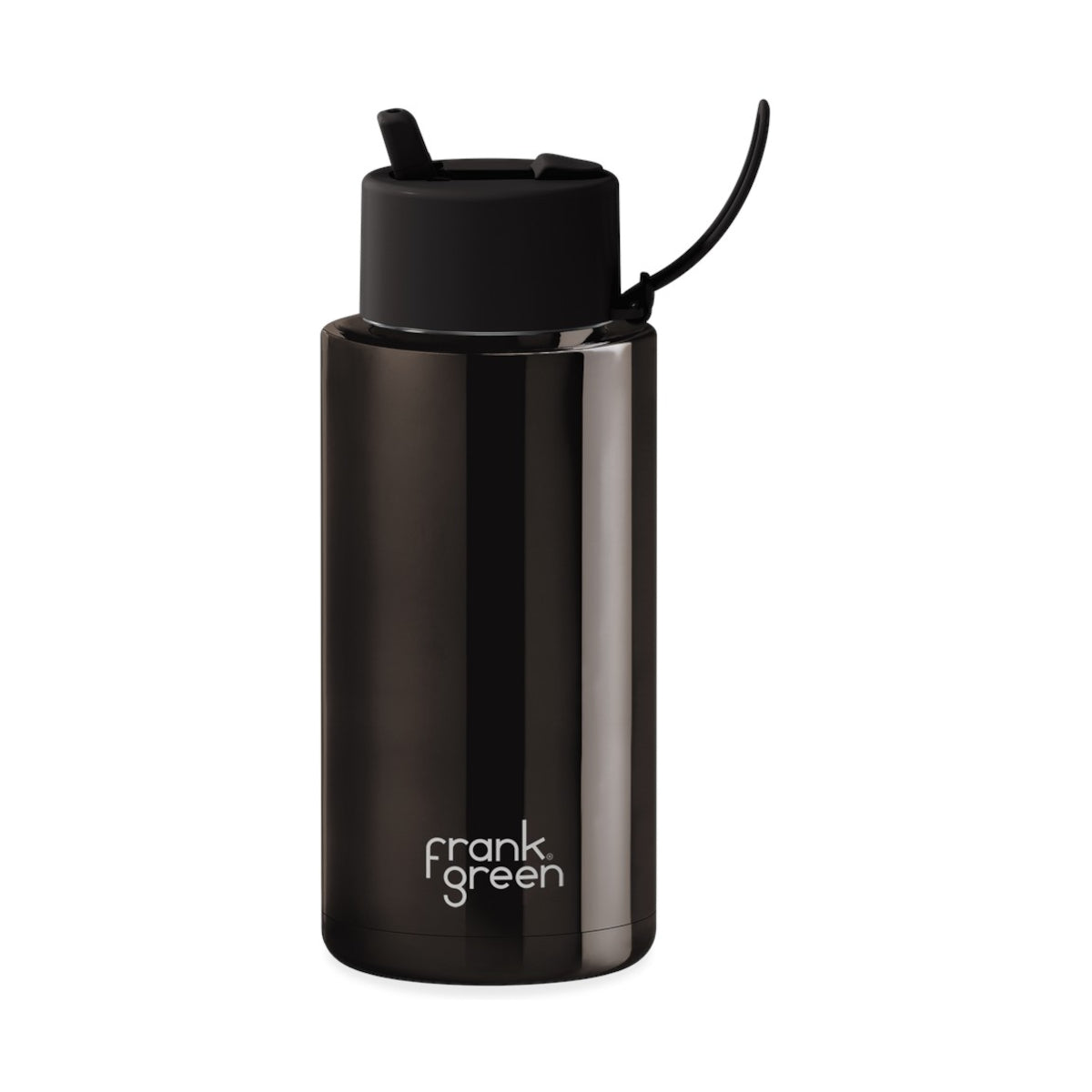 Frank Green Ceramic Reusable Bottle Shadow Chrome 1L – product image with flip lid upright