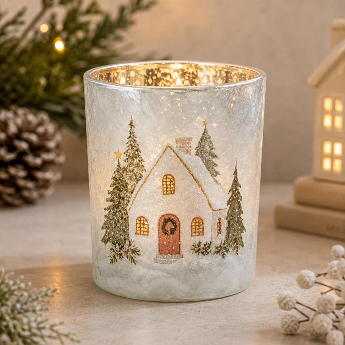 French Country Aurelia Snowy Cottage Votive Large 10x12.5cm | Minimax
