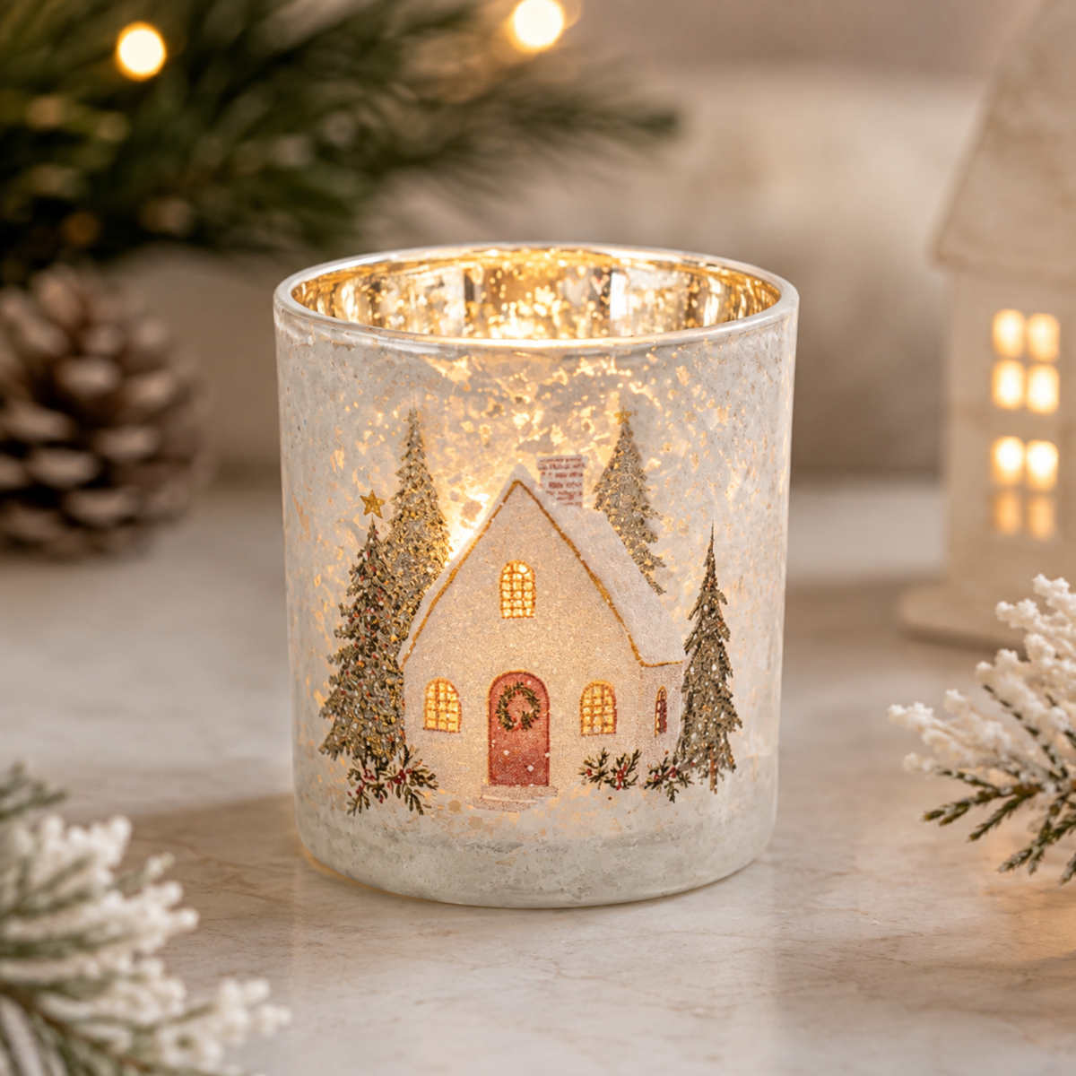 French Country Aurelia Snowy Cottage Votive Small 7x8cm | Minimax