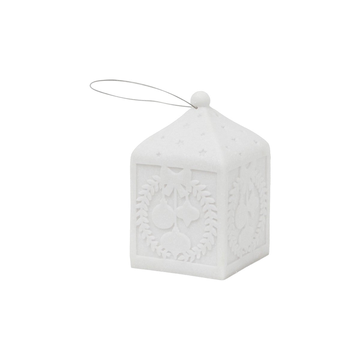 French Country LED Bauble Lantern – white lantern with cut-out bauble wreath design