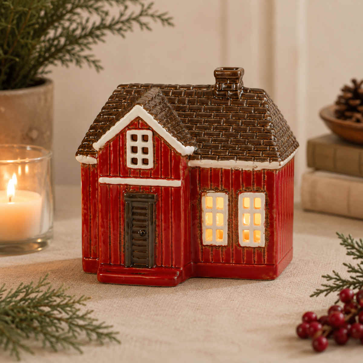 French Country Nordgard Woodland Shingle Cottage Tealight House Red 18x10.5x16cm | Minimax