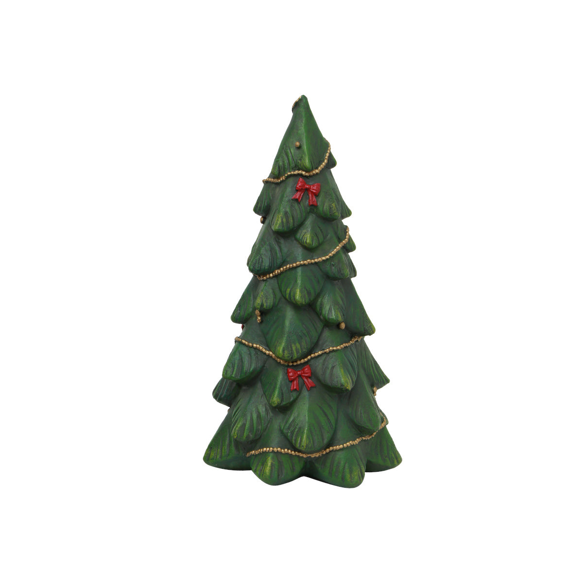 French Country Resin Tree 23cm – green Christmas tree with red bows and garland