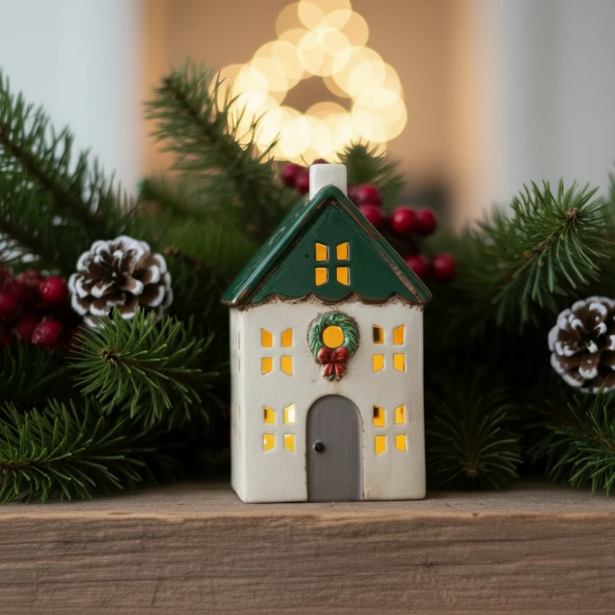 French Country Tea Light House with Roof Wreath Green 13x9x20cm | Minimax
