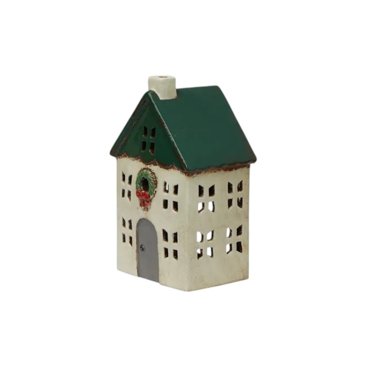 French Country Tea Light House with Wreath Green 13x9x20cm – ceramic tealight holder in festive house shape with green roof and wreath.