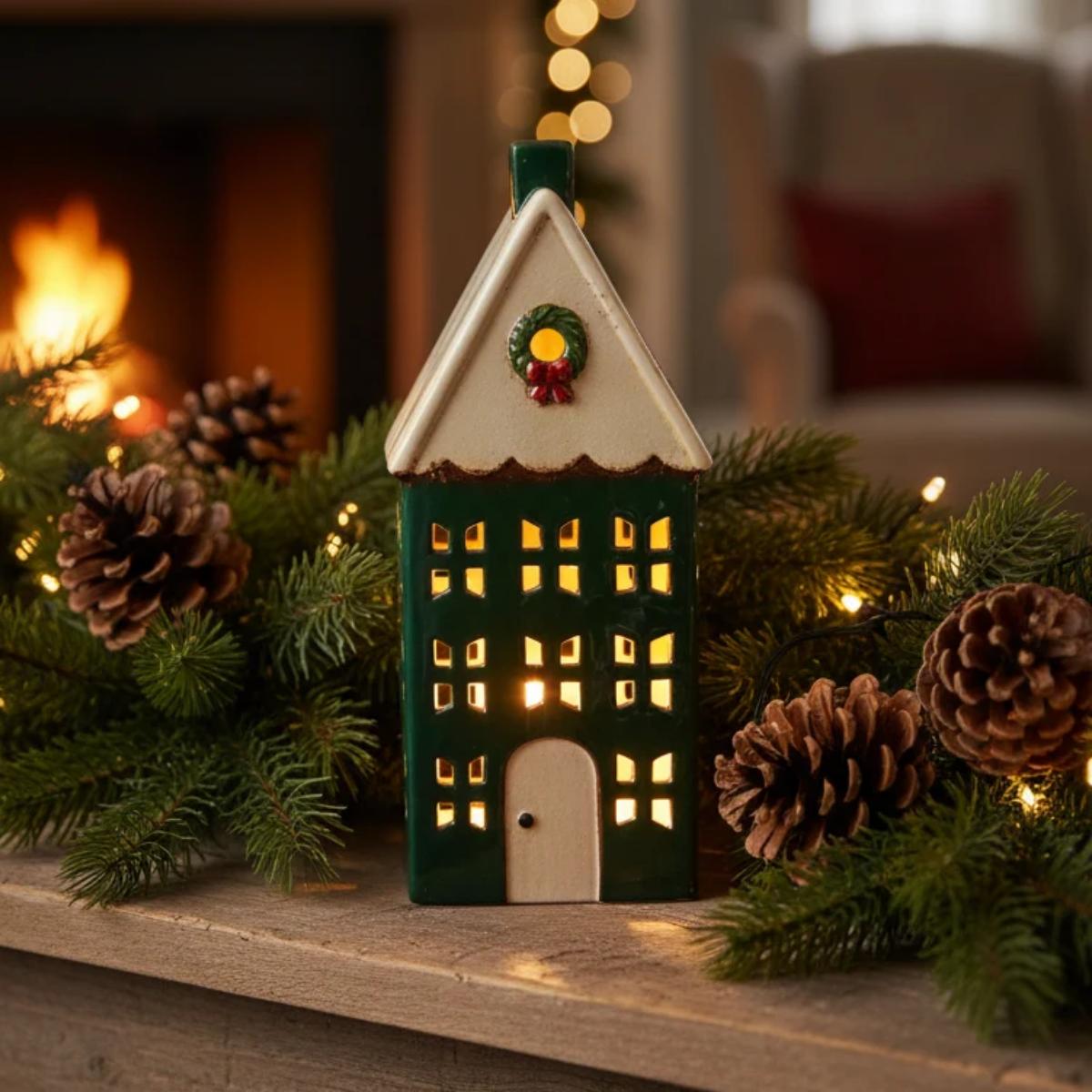 French Country Tea Light House with Wreath Green Tall 13x9x30cm | Minimax