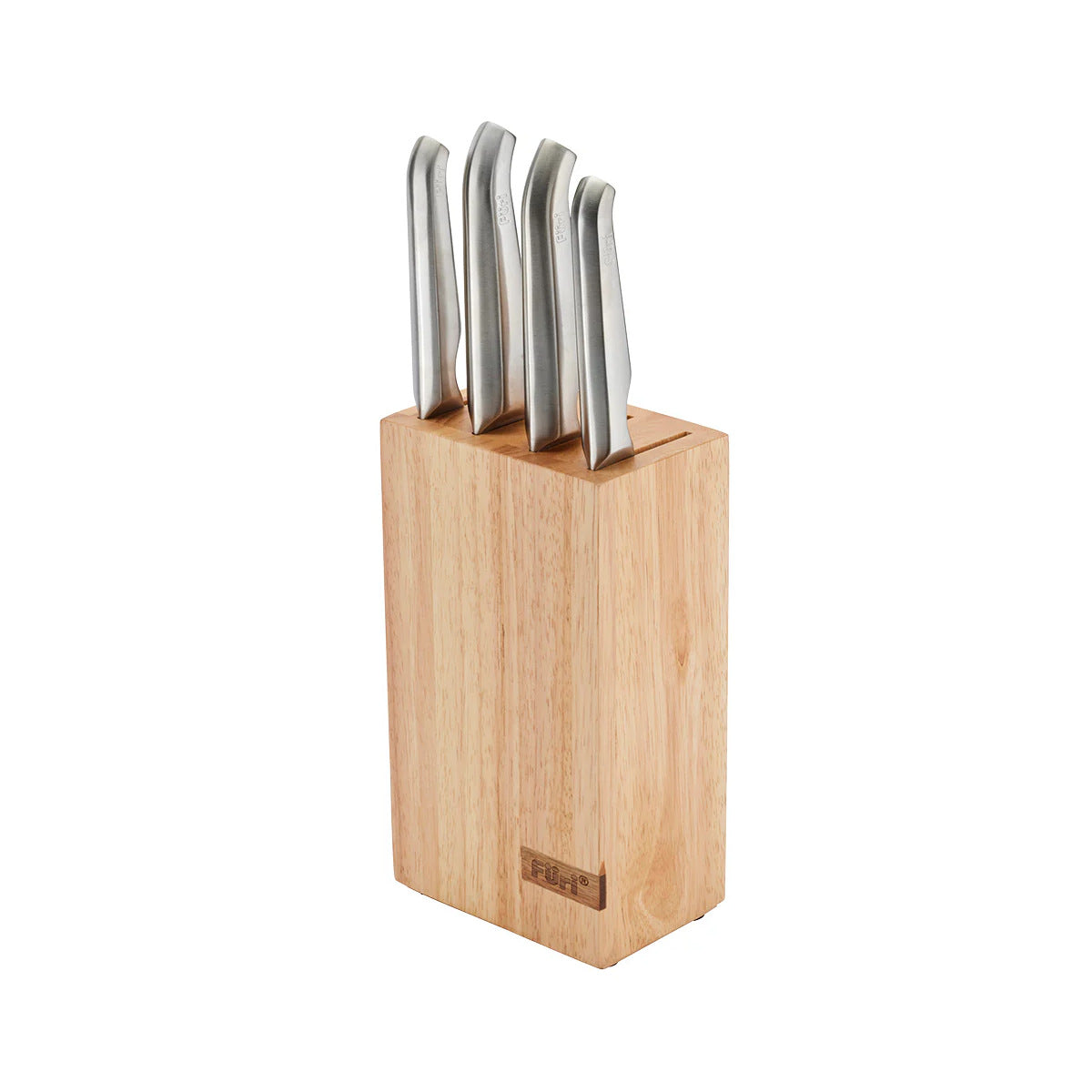 Furi Pro 5-piece knife block set with stainless steel knives and natural wood storage block