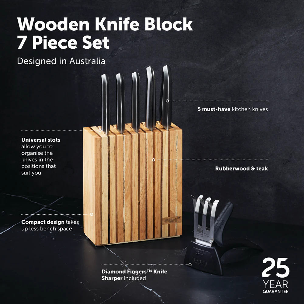 Furi Pro 7 piece knife block set, wooden knife block with stainless steel knives and sharpener included