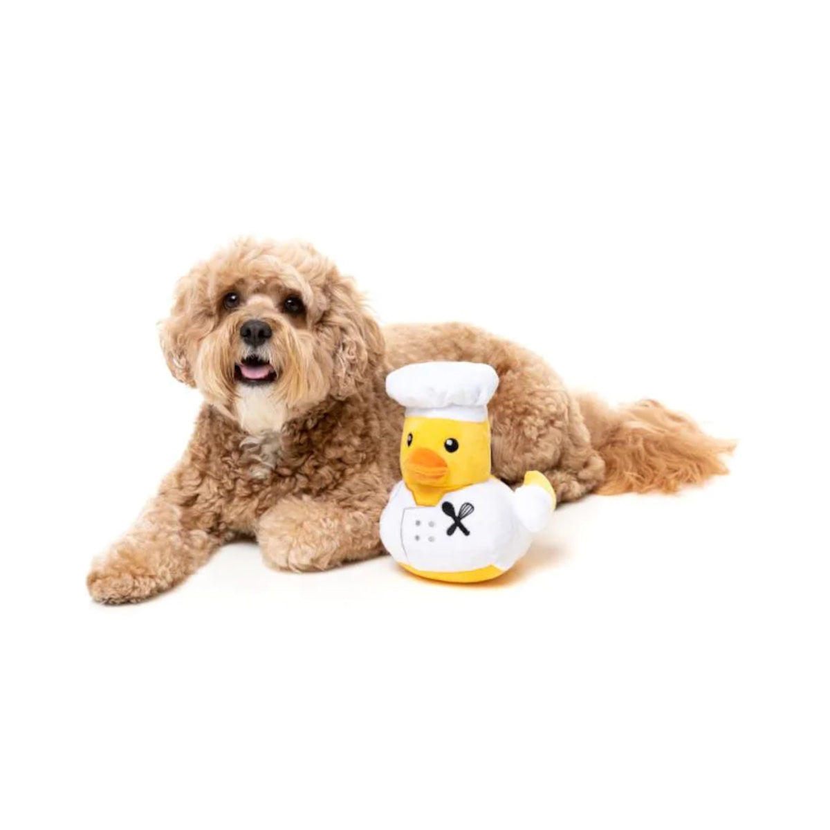 FuzzYard Gordon Quacksay Plush – fun plush duck toy dressed as a chef with white hat and coat, soft and cuddly for pets or play.
