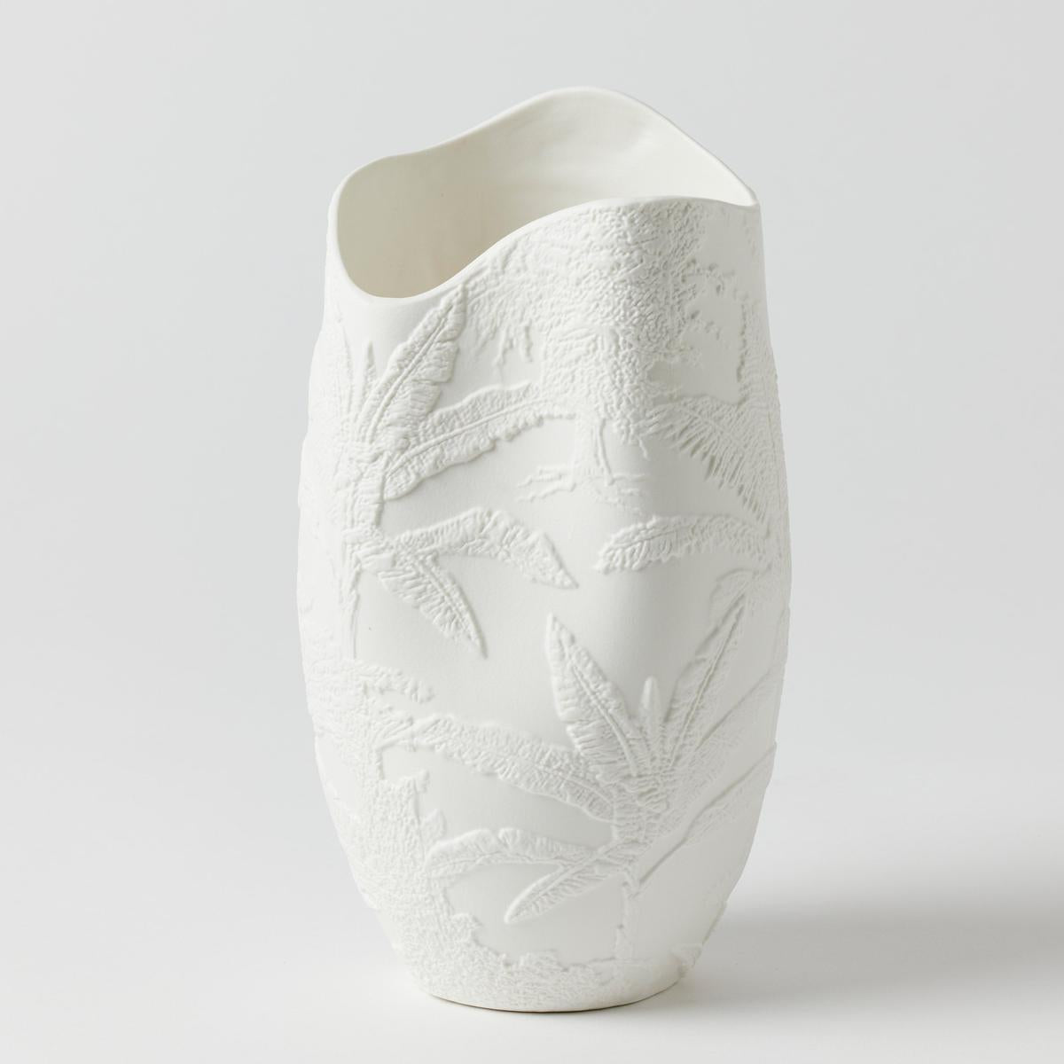 Pilbeam Living Banksia White Organic Vase 26cm – elegant ceramic vase with curved organic shape and embossed banksia botanical design