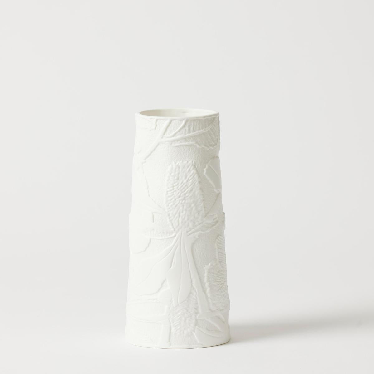 Pilbeam Banksia Tall Vase Small White 11x24cm – elegant ceramic vase with embossed botanical design, perfect for modern home décor