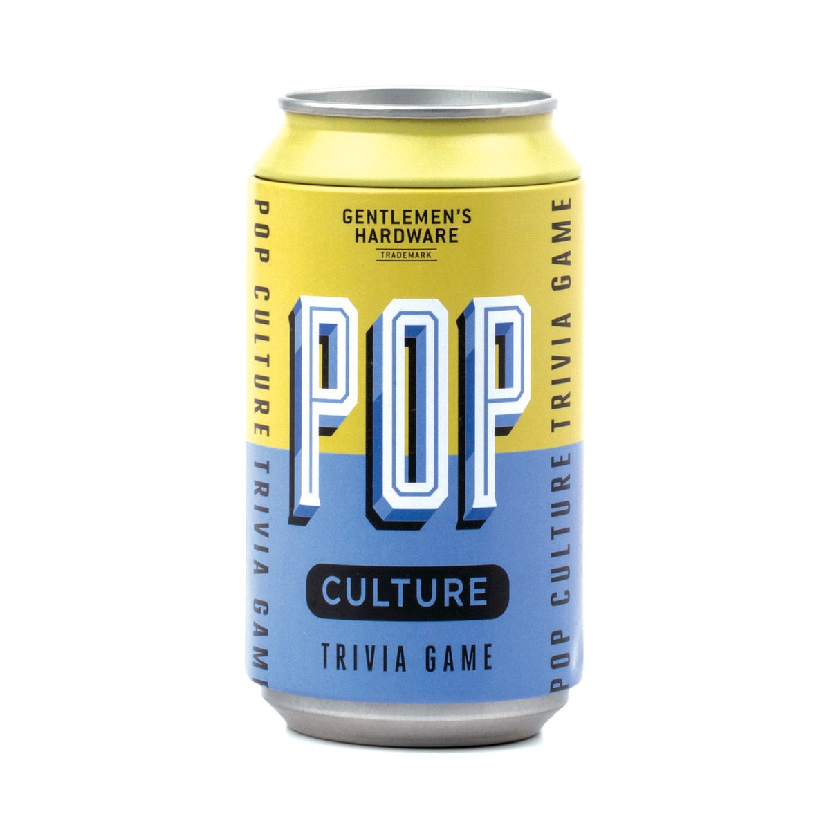 Gentlemen’s Hardware Pop Culture Quiz in a Can featuring bold yellow and blue trivia game design